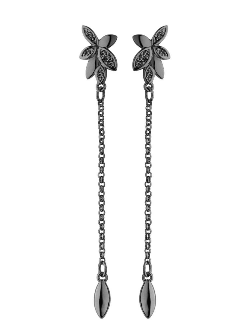 Dyrberg/Kern Flor gunmetal & grey Swarovski crystal flower dangle chain earrings